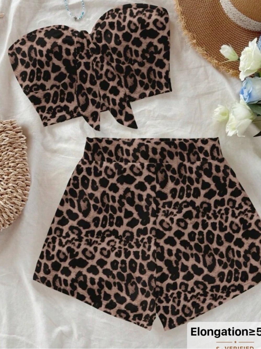 SHEIN Taupe and Black Leopard Strapless Crop Top & Shorts Set